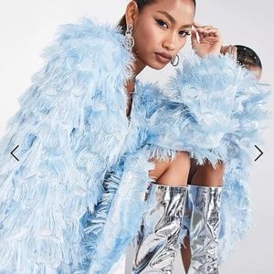 ASOS EDITION long sleeve fringe jacquard mini dress in ice blue